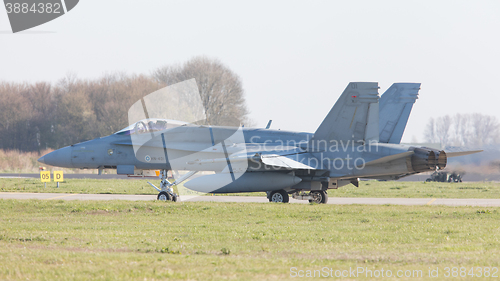 Image of LEEUWARDEN, NETHERLANDS - APRIL 11, 2016: Finish Air Force F-18 