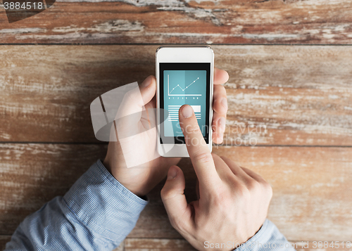 Image of close up of male hands with smartphone on table