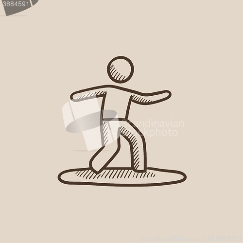 Image of Male surfer riding on surfboard sketch icon.