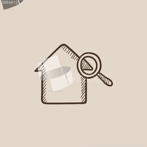 Image of House and magnifying glass sketch icon.