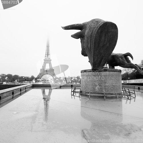 Image of Sculptures on Trocadero and Eiffel Tower in Paris. 