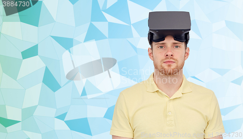 Image of man in virtual reality headset or 3d glasses