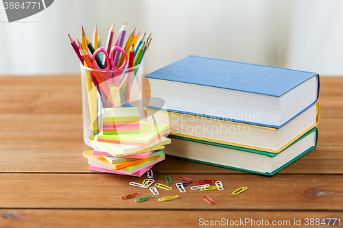 Image of close up of pens, books, clips and stickers