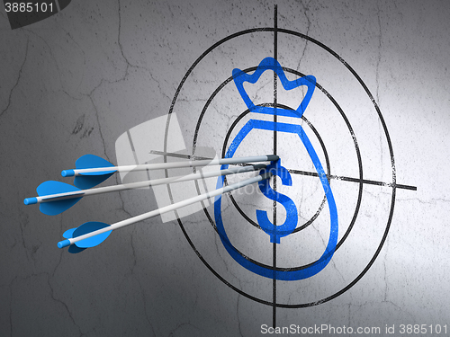 Image of Money concept: arrows in Money Bag target on wall background