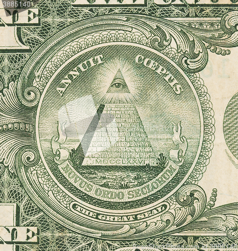 Image of US one Dollar bill, close up, great seal