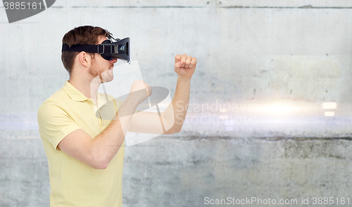 Image of man in virtual reality headset or 3d glasses