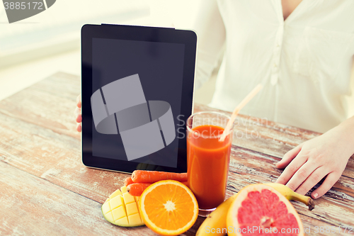 Image of close up of woman hands with juice and fruits