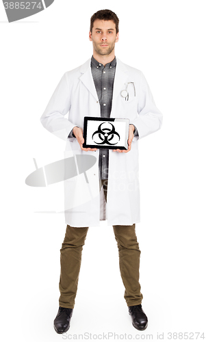 Image of Doctor holding tablet - Warning! Biohazard!