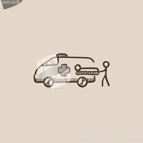 Image of Man with patient and ambulance car sketch icon.