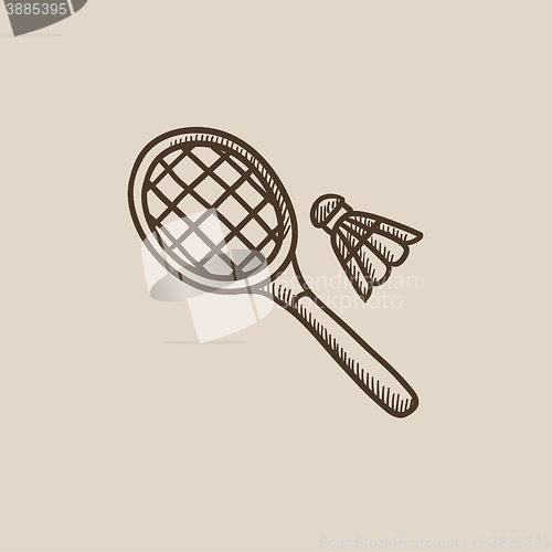 Image of Shuttlecock and badminton racket sketch icon.