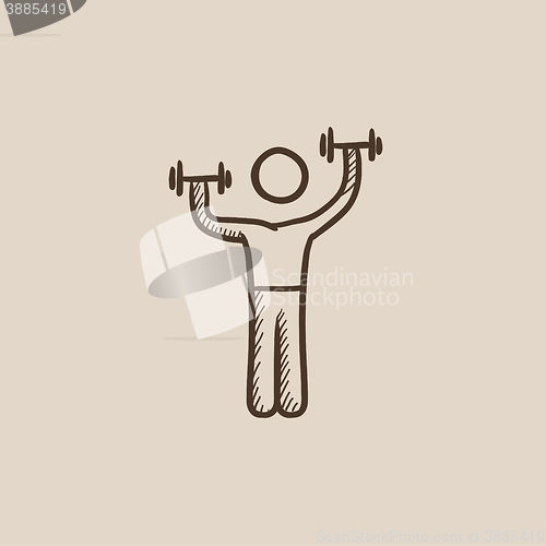 Image of Man exercising with dumbbells sketch icon.