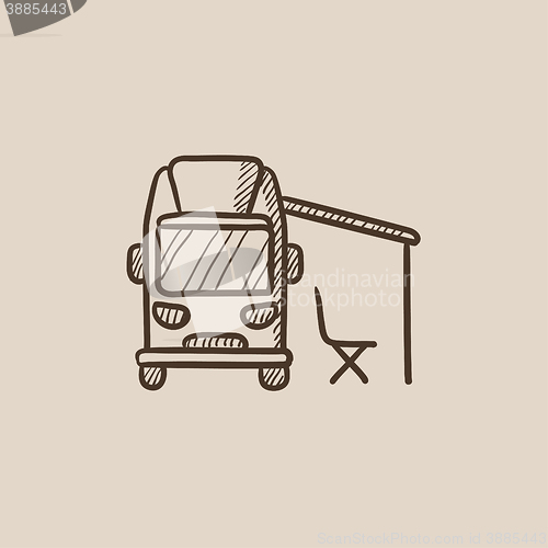 Image of Motorhome with tent sketch icon.