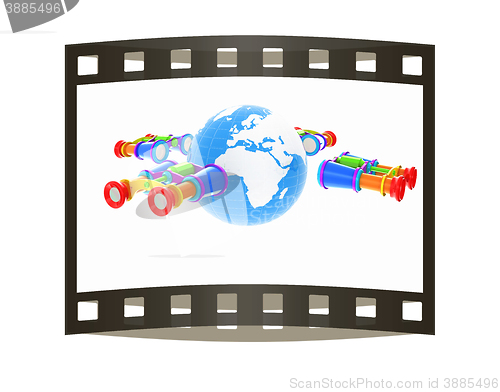 Image of binoculars around earth. The film strip