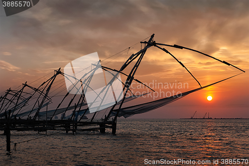 Image of Chinese fishnets on sunset. Kochi, Kerala, India