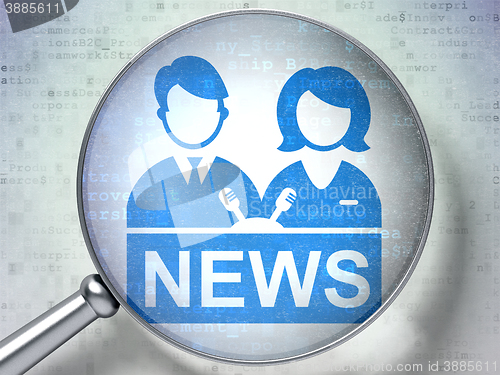 Image of News concept: Anchorman with optical glass on digital background