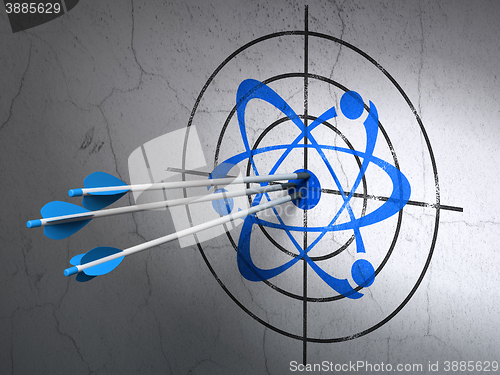 Image of Science concept: arrows in Molecule target on wall background