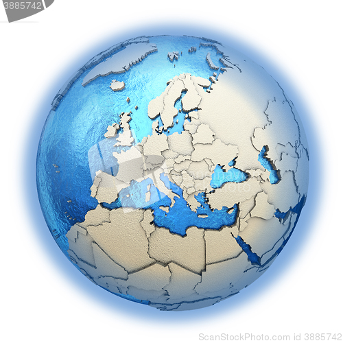 Image of Europe on model of planet Earth