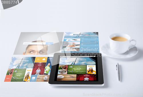 Image of tablet pc with news application and coffee cup