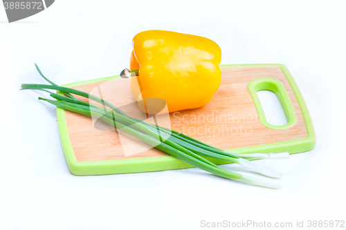 Image of onions paprica vegetables on  white background
