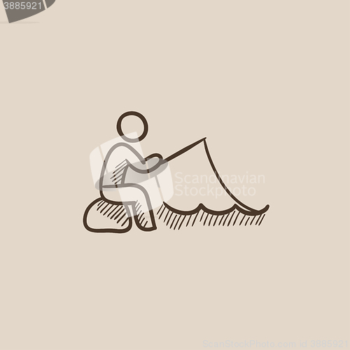 Image of Fisherman sitting with rod sketch icon.