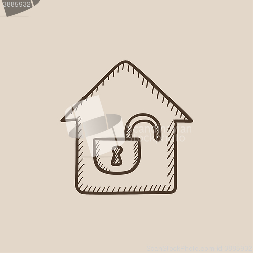 Image of House with open lock sketch icon.