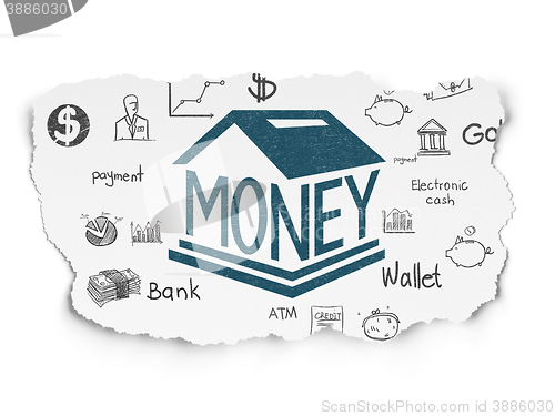 Image of Money concept: Money Box on Torn Paper background