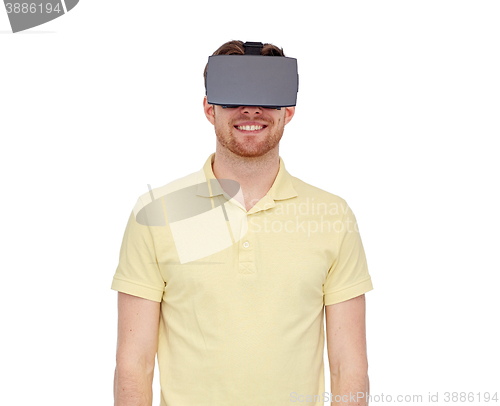 Image of happy man in virtual reality headset or 3d glasses
