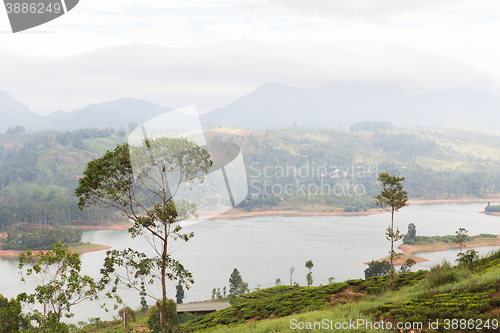 Image of view to lake or river from land hills on Sri Lanka