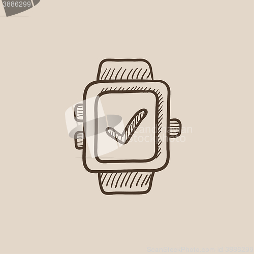 Image of Smartwatch with check sign sketch icon.