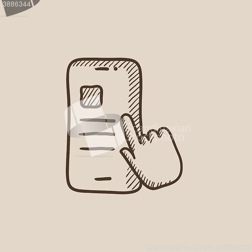 Image of Finger touching smartphone sketch icon.