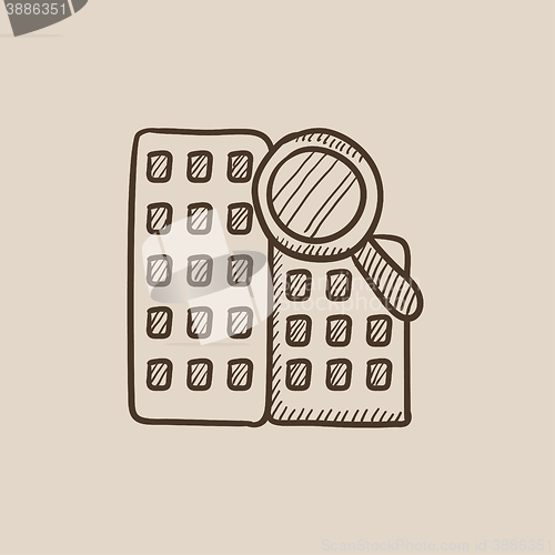 Image of Condominium and magnifying glass sketch icon.