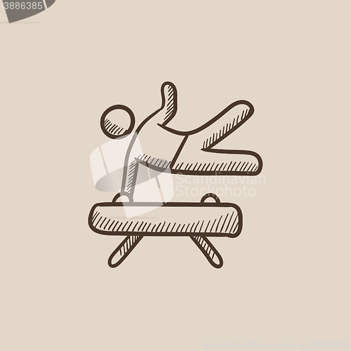Image of Gymnast exercising on pommel horse sketch icon.