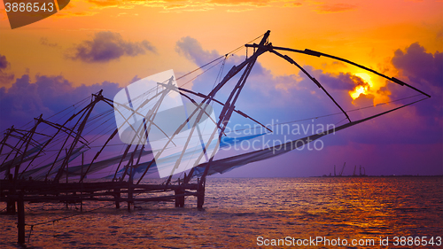 Image of Chinese fishnets on sunset. Kochi, Kerala, India