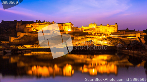 Image of Amer Fort at night in twilight,  Jaipur