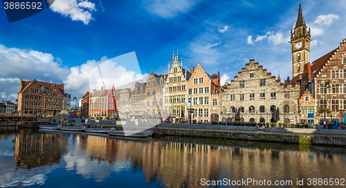 Image of Ghent canal and Graslei street. Ghent, Belgium