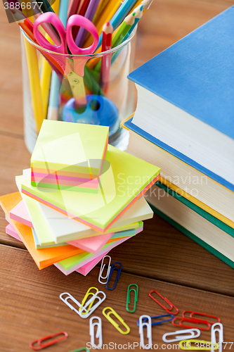 Image of close up of pens, books, clips and stickers