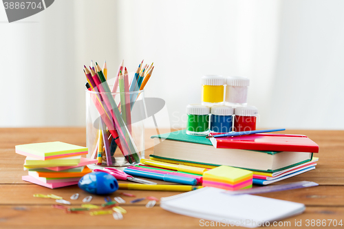 Image of close up of stationery or school supplies on table