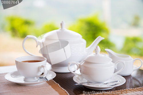 Image of close up of tea service at restaurant or teahouse