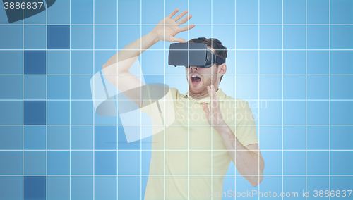 Image of man in virtual reality headset or 3d glasses