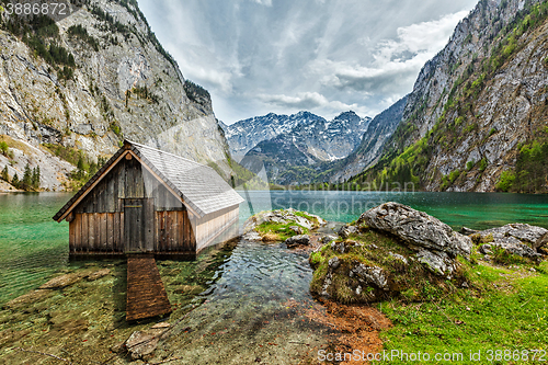 Image of Boat dock on Obersee lake. Bavaria, Germany