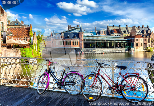 Image of Bridge, bicycles and canal. Ghent, Belghium