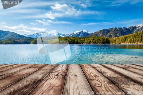 Image of Wooden planks background with lake, Germany