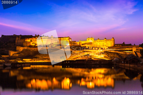 Image of Amer Fort at night in twilight.  Jaipur, Rajastan, 