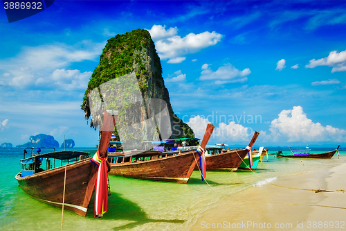 Image of Long tail boat on beach, Thailand