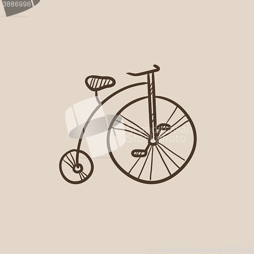 Image of Old bicycle with big wheel sketch icon.
