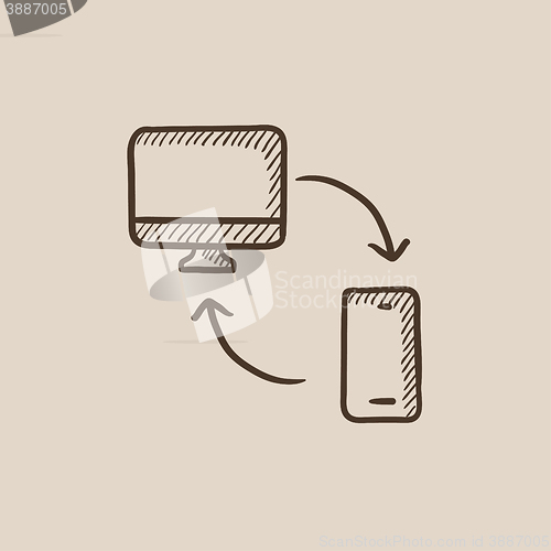 Image of Synchronization computer with mobile device sketch icon.