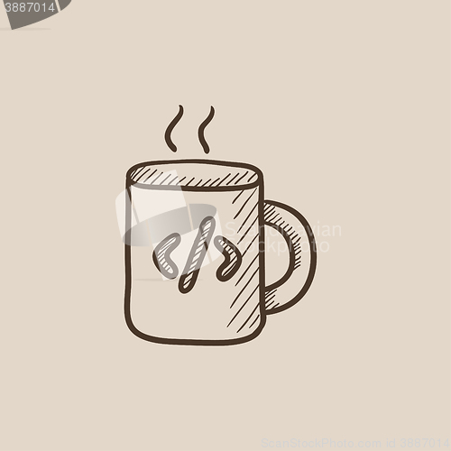 Image of Cup of coffee with code sign sketch icon.