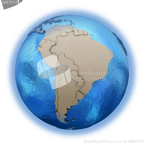 Image of South America on model of planet Earth