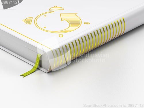Image of Time concept: closed book, Alarm Clock on white background