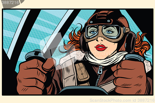 Image of Girl retro pilot on the plane